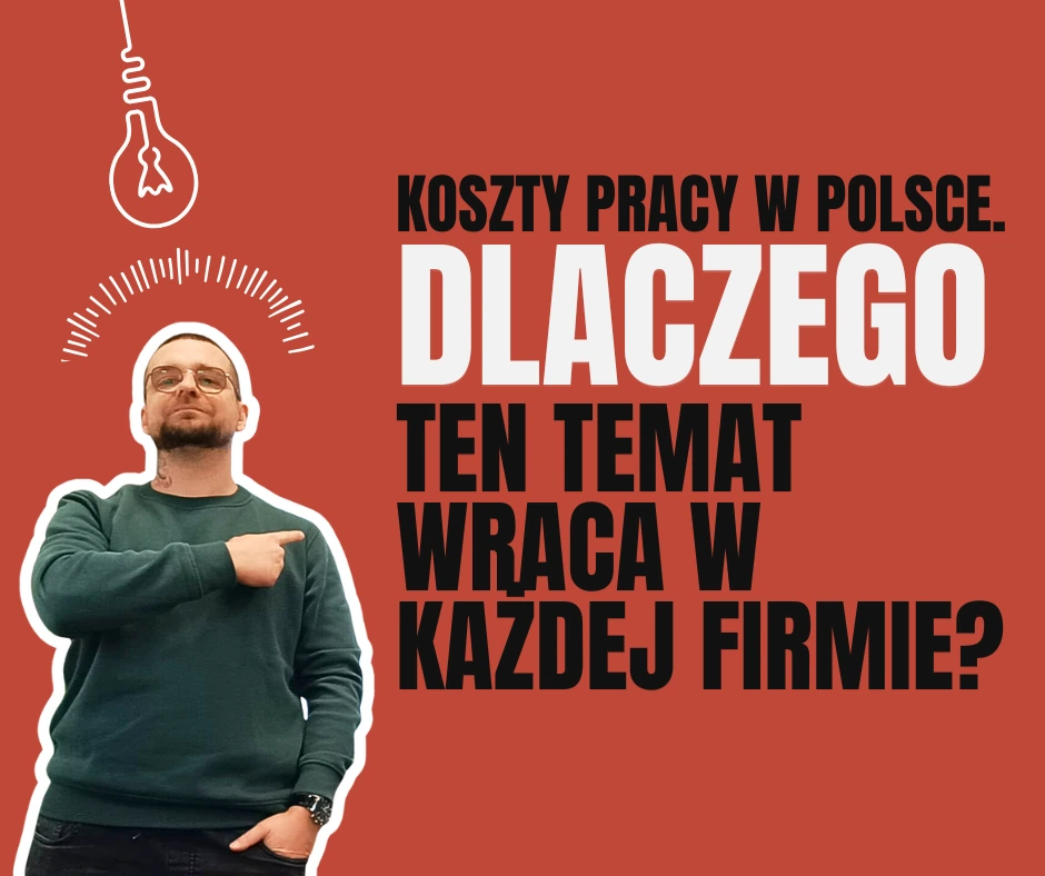 Grafika przedstawiająca Grzegorza Münnicha wskazującego na nagłówek „Koszty pracy w Polsce. Dlaczego ten temat wraca w każdej firmie?” na czerwonym tle, promująca artykuł o kosztach zatrudnienia i zarządzaniu w małych i średnich firmach.