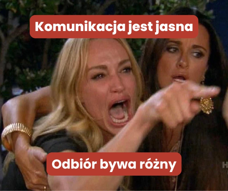 Mem przedstawiający zdenerwowaną blond kobietę wskazującą palcem, z nałożonymi napisami „Komunikacja jest jasna” oraz „Odbiór bywa różny”, ilustrujący różnicę między intencją komunikatu a jego odbiorem.