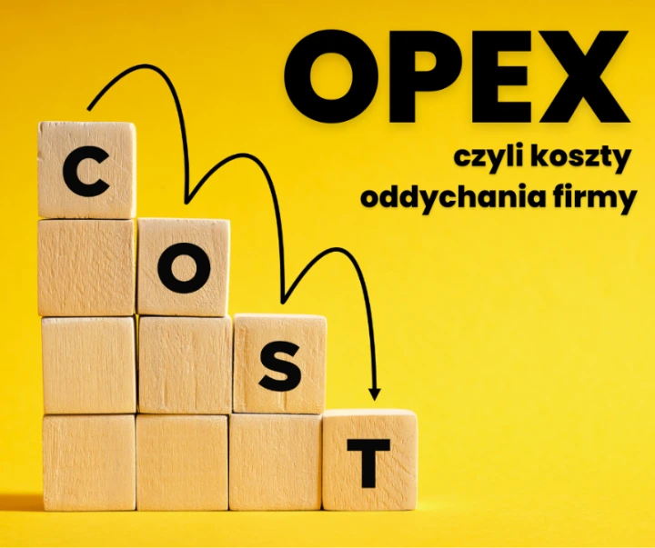 Drewniane klocki układające się w słowo COST na żółtym tle, z dużym napisem OPEX i podtytułem „koszty oddychania firmy”.
