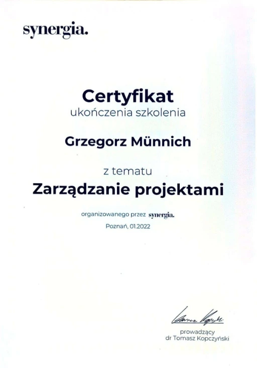 Certyfikat zarządzania projektami Grzegorz Münnich