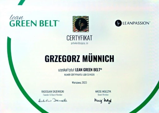 Certyfikat Lean Green Belt Grzegorz Münnich